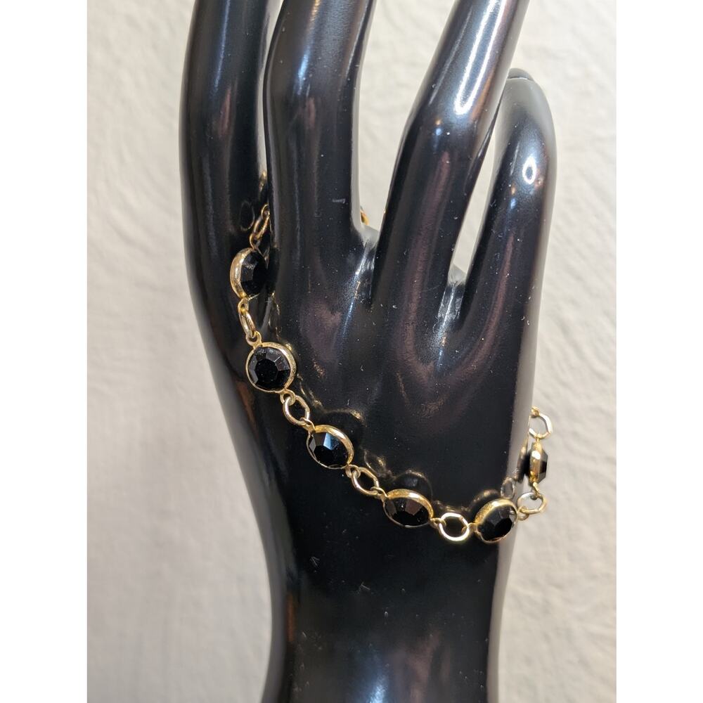 VTG Gold Tone Bezel Set Black Faceted Austrian Crystal Made in USA Bracelet